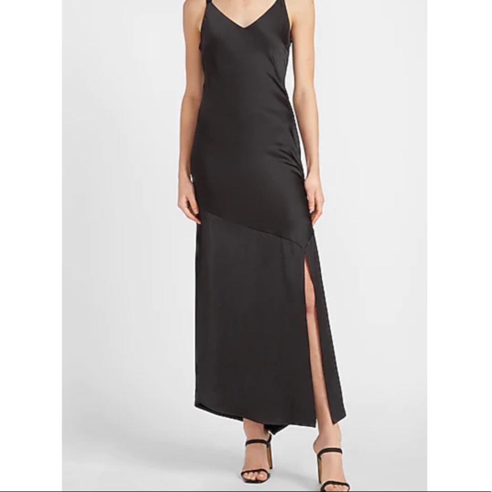 EXPRESS - Black Satin Maxi Dress With Slit - XS